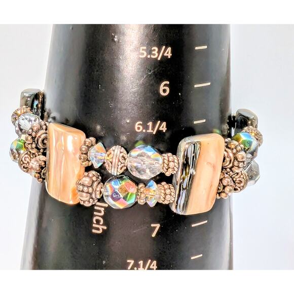 Signed Abalone Shell Chunks AB Crystal Sterling Beaded Toggle Clasp Bracelet - Picture 6 of 15